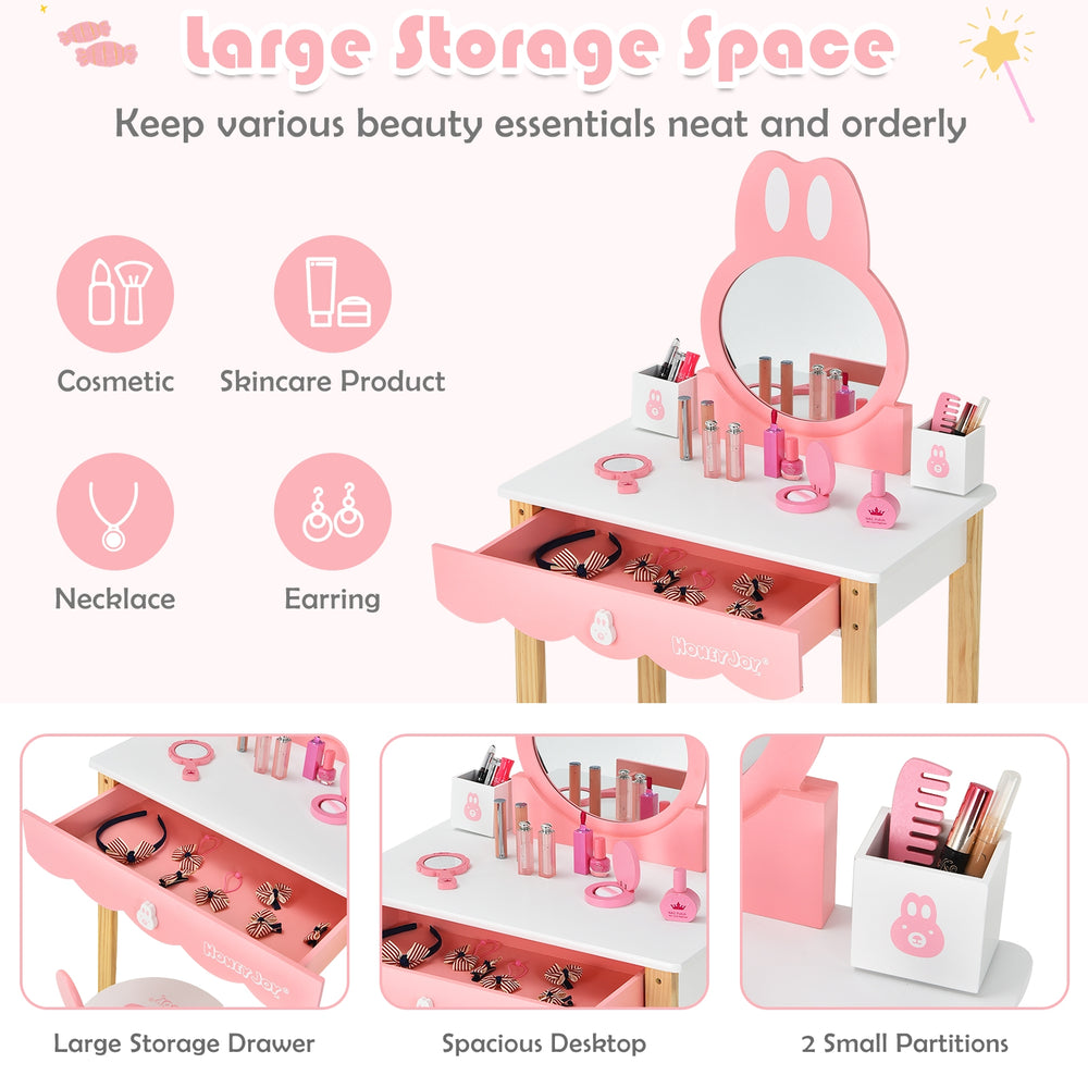 Kids vanity set featuring a rabbit design, round mirror, large drawer, and two small storage boxes for organized beauty.