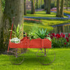 Wooden wagon plant bed in red with two planting sections and metal wheels, perfect for garden or patio decoration.