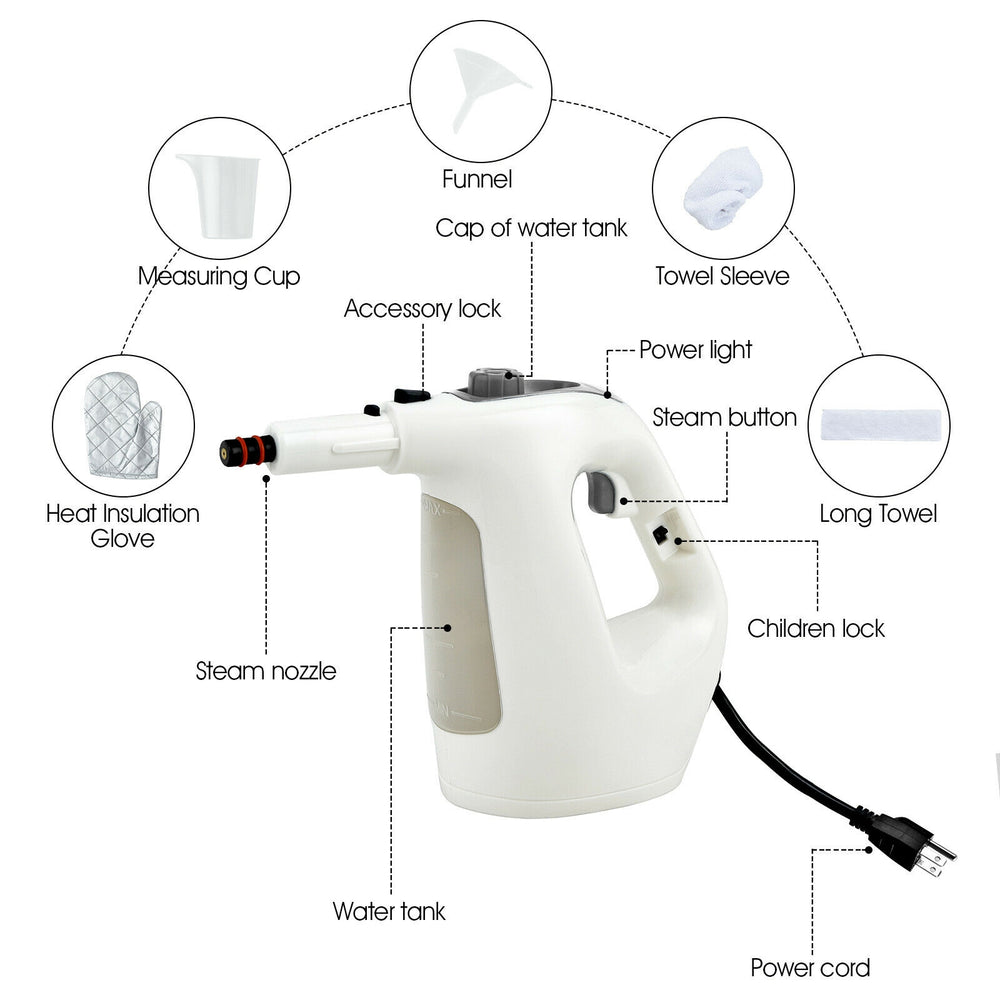 1400W multipurpose pressurized steam cleaner with steam nozzle, measuring cup, and children lock for safe, efficient.