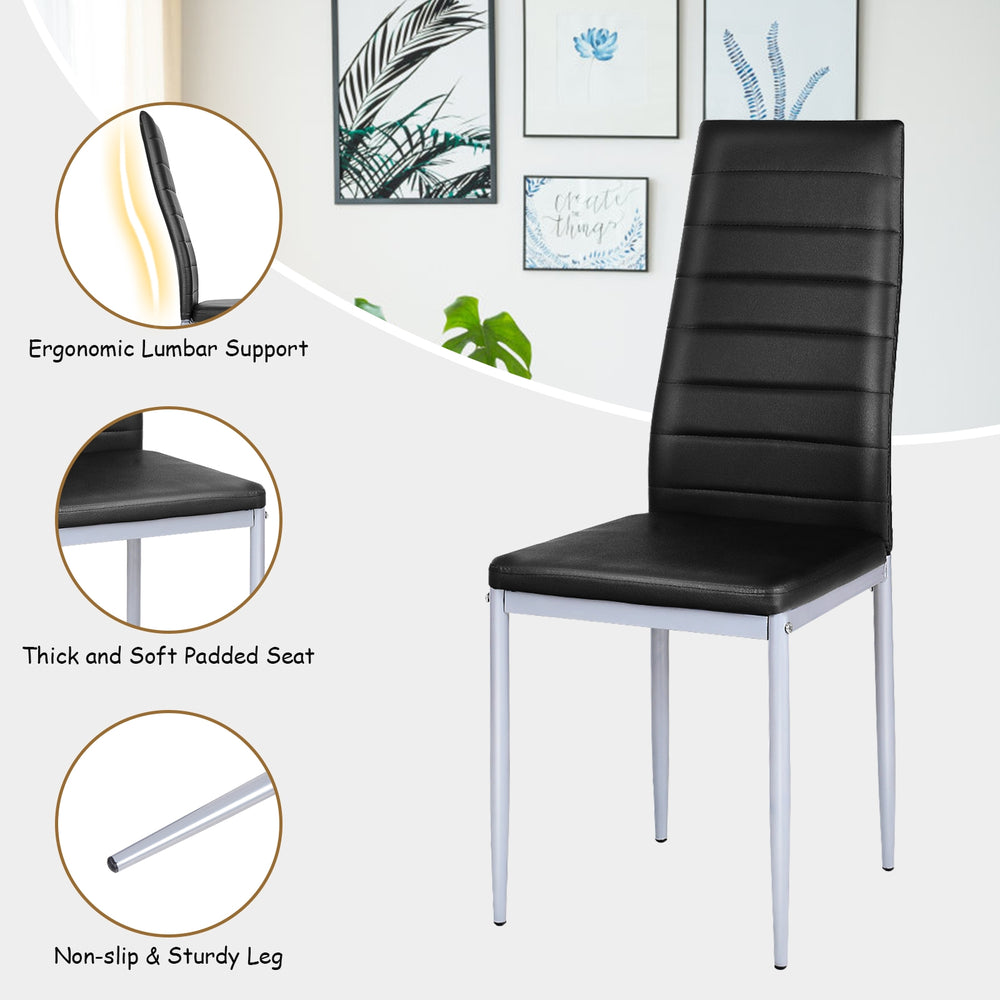 Black PVC leather dining side chair with ergonomic lumbar support and painted steel legs for modern elegance.