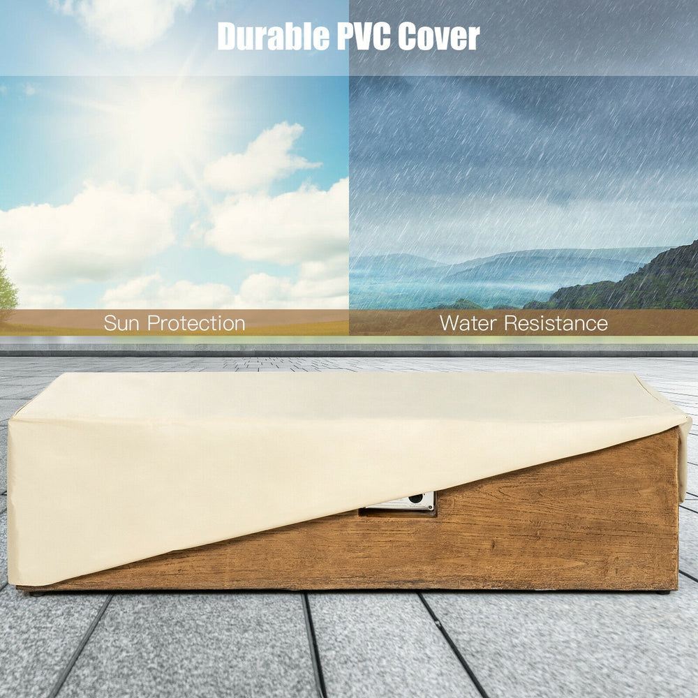 Rectangular outdoor gas fire pit table with a waterproof PVC cover, ideal for sun protection and extending service life.