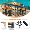 7-piece acacia wood patio bar set with umbrella hole, featuring sturdy steel frame and PE rattan, ideal for outdoor.