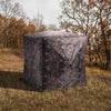 Portable deer hunting blind in camo design with six full view windows for 360° visibility, ideal for stealthy hunting.