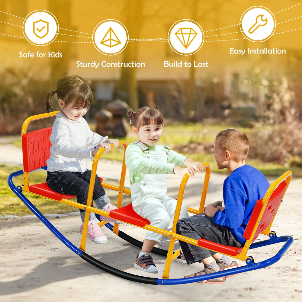 Outdoor kids seesaw teeter for ages 3 to 8, featuring ergonomic seats and sturdy carbon steel construction for safe.