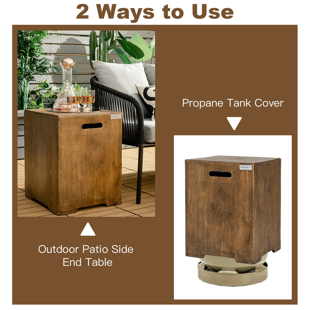 Outdoor hideaway table with rustic wood grain, designed for 20 lbs propane tank storage and as a side table for patio.