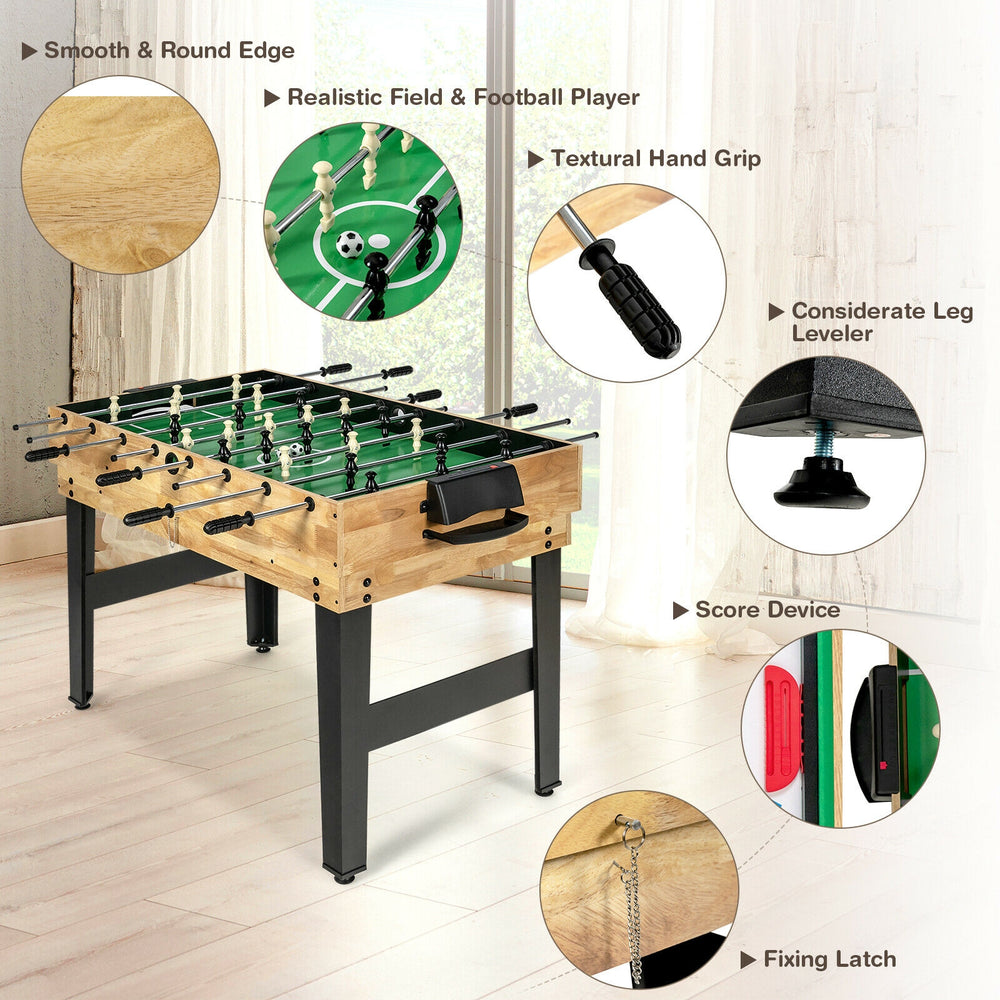 10-in-1 multi combo game table featuring foosball, bowling, and more, with a sturdy wooden frame and textured hand.