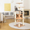 Tall 7-layer wooden cat tree with sisal posts and condo, featuring two cats, ideal for climbing and home décor.
