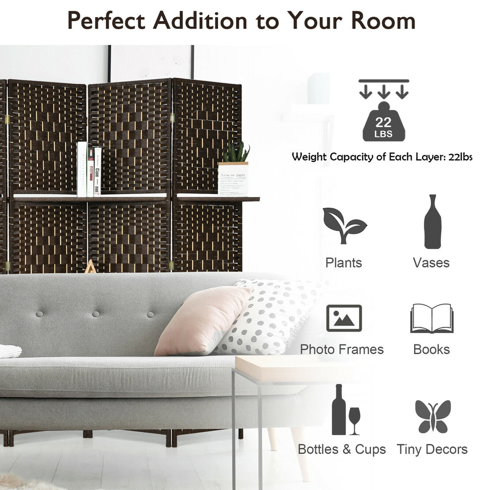 6-panel brown room divider with 2 display shelves, made of hand-woven fiber, perfect for creating private spaces.