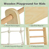 Wooden climbing gym with smooth edges, solid birch material, and polyester rope net for safe indoor and outdoor play.