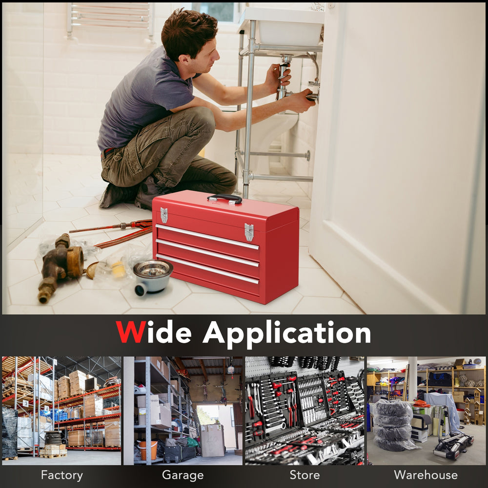 Portable red garage mechanic tool cabinet box with three drawers, ideal for organizing tools in various settings.