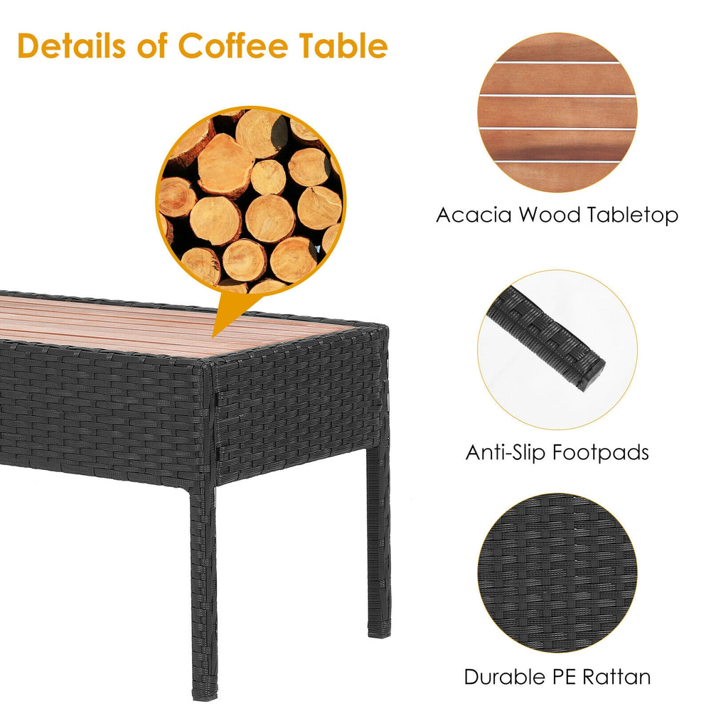 Close-up of the coffee table featuring an acacia wood tabletop and durable PE rattan, perfect for outdoor settings.
