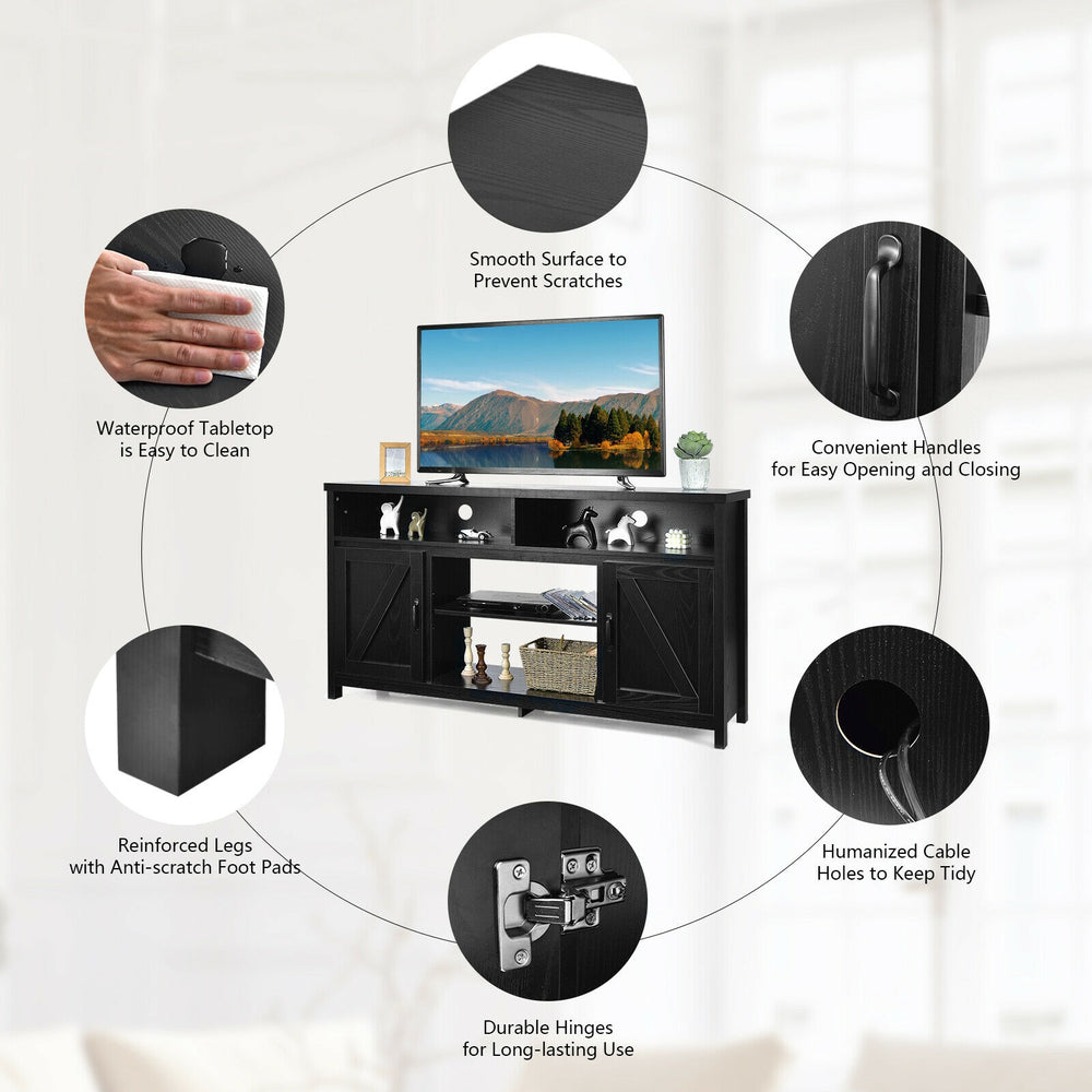 59-inch black TV stand with barn door, engineered wood, ample storage, and cable management for a clutter-free living.