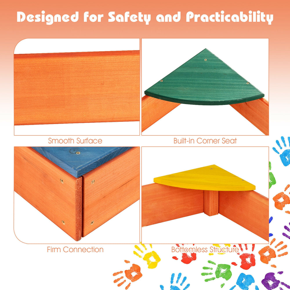 Kids outdoor wooden sandbox featuring built-in corner seating, smooth surface, and colorful seats for safe play.