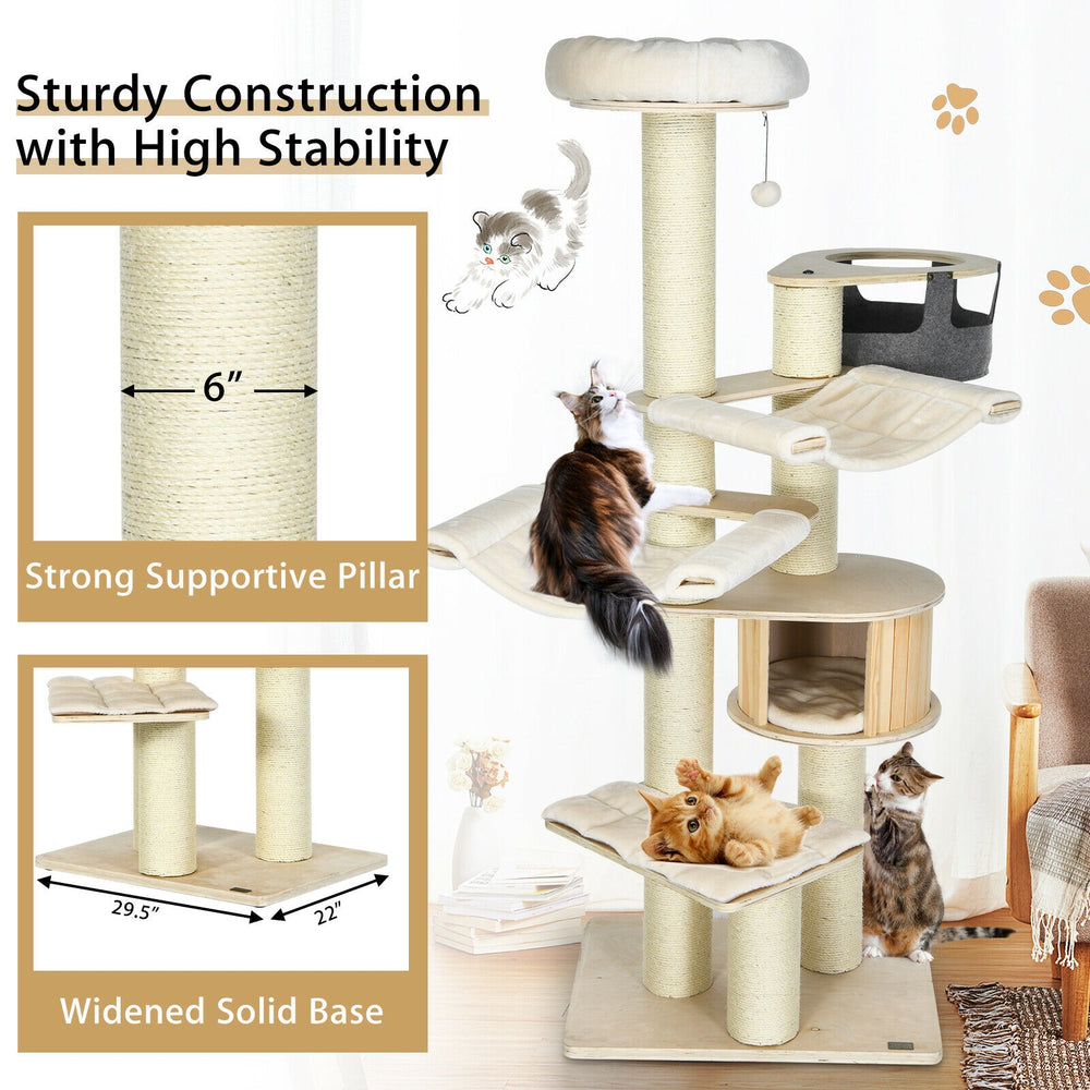 Multi-level 77.5-inch cat tree in cream white with sisal posts, plush pads, and a sturdy base for feline fun and rest.
