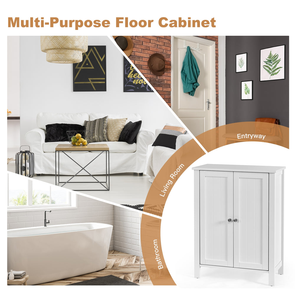 2-door white floor cabinet with adjustable shelves, perfect for bathroom or living room storage and organization.