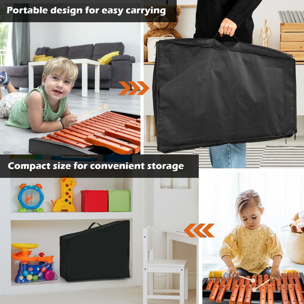 25-note wooden xylophone with carrying bag, ideal for music education and easy transport for kids and teachers.
