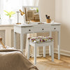 Vanity dressing table set with flip top mirror, 3 drawers, and floral stool, perfect for compact spaces and cosmetics.