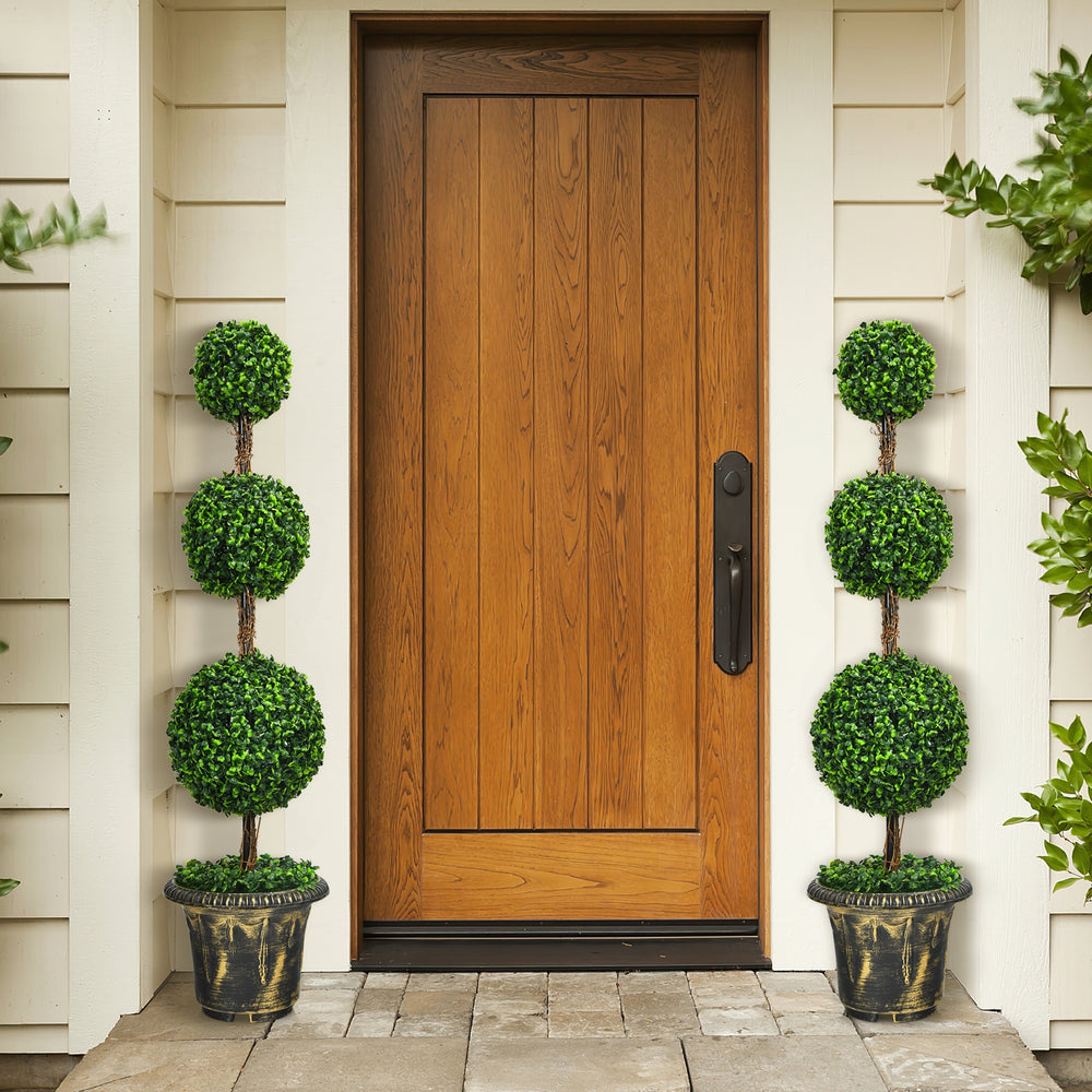 Artificial topiary triple ball tree plant in a cement-filled pot, perfect for indoor or outdoor decoration.