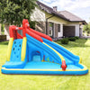 Inflatable water slide bounce house in crab theme with two slides, climbing wall, and water cannon for outdoor fun.