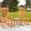 Eucalyptus rocking chair set with coffee table, perfect for outdoor relaxation in patio or garden settings.
