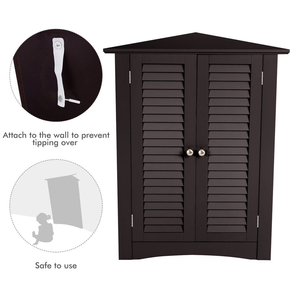 Freestanding brown bathroom corner storage cabinet with shutter doors, adjustable shelf, and anti-tipping design for.