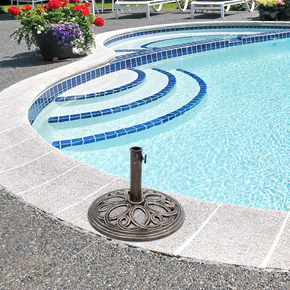 Round umbrella base stand made of premium cast iron, featuring a petal design, ideal for patio umbrellas by the.