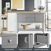 Gray wooden sideboard buffet console table with drawers and storage, featuring dainty knobs and smooth sliding rails.