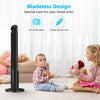 42-inch black tower fan with bladeless design, remote control, and 80° oscillation for safe, quiet airflow in any room.