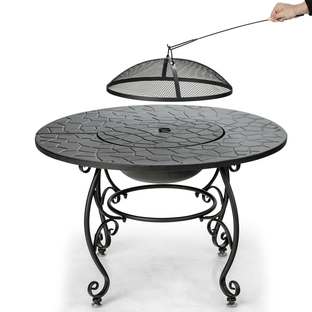 Round 35.5-inch patio fire pit dining table with cooking BBQ grate and mesh spark cover for outdoor gatherings.