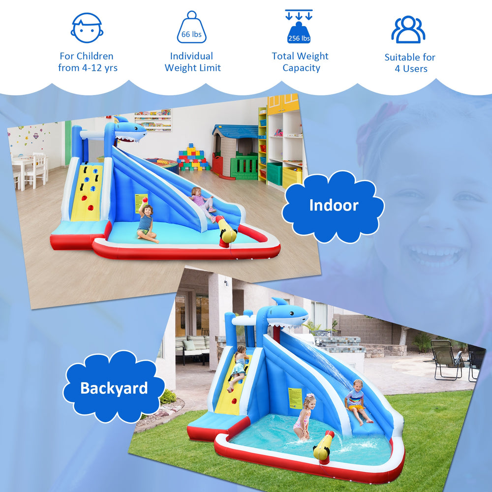 Inflatable Shark Bounce House with water slide and climbing wall, made of durable waterproof fabric, ideal for backyard.
