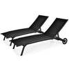 Adjustable black outdoor chaise recliners with wheels, featuring a heavy-duty steel frame and breathable fabric for.