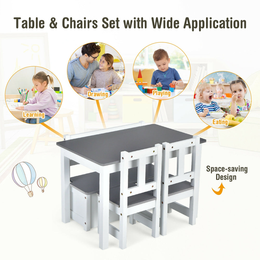 Kids wooden activity table and chairs set in gray with storage bench, perfect for learning, playing, and eating.