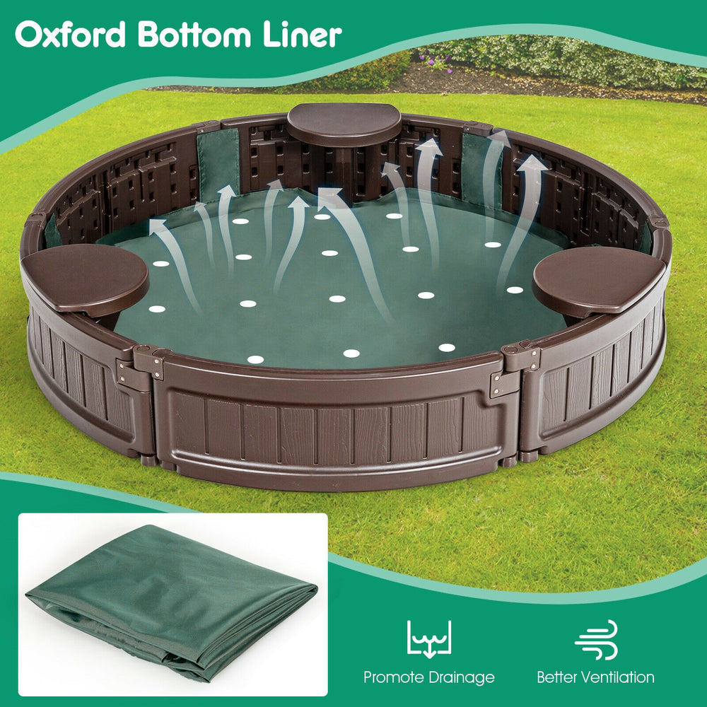 Round sandbox with built-in corner seats, dust-proof cover, and perforated bottom liner for drainage, perfect for.