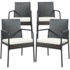 Four black wicker rattan dining chairs with comfy cushions, perfect for outdoor patio or garden seating.