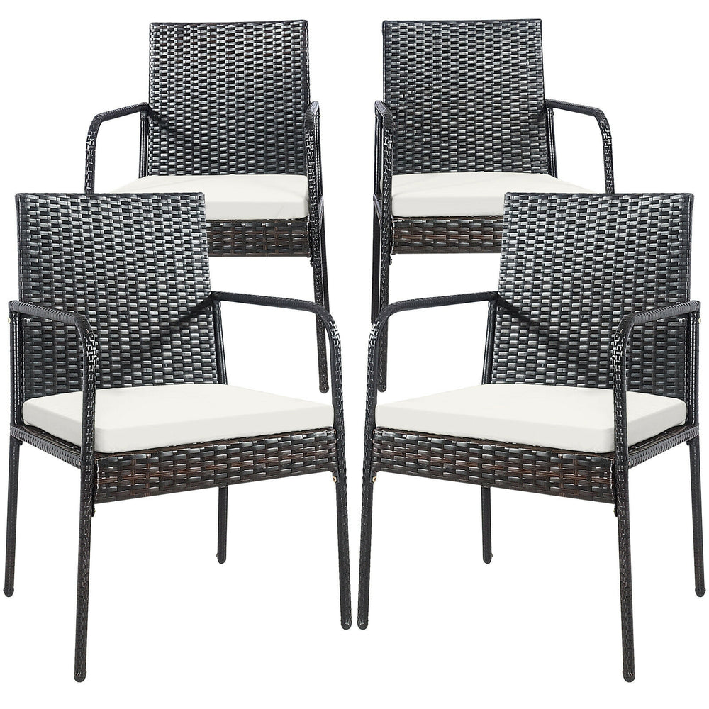 Four black wicker rattan dining chairs with comfy cushions, perfect for outdoor patio or garden seating.