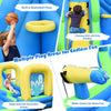 Multifunctional inflatable water bounce featuring a built-in basketball hoop, climbing wall, and water cannon for kids'.
