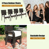 Set of 4 stackable patio rattan dining chairs with cushioned armrests, perfect for outdoor garden and poolside use.
