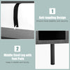 Close-up of the anti-toppling design and middle steel leg with foot pads on a black kitchen baker's rack for stability.
