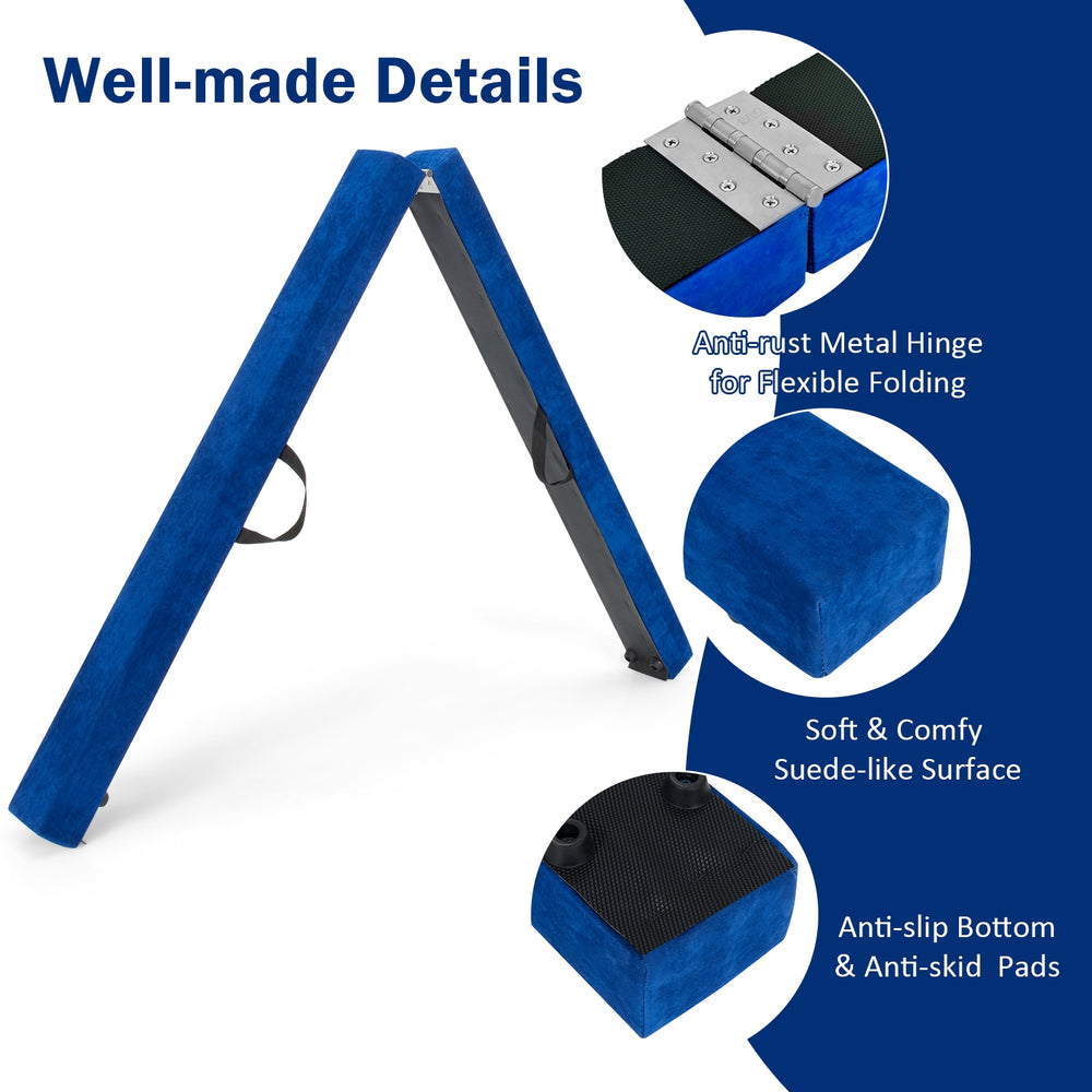 Blue 7 feet folding balance beam with soft suede-like surface, anti-slip bottom pads, and metal hinge for gymnasts.