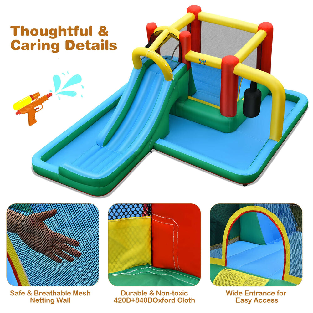 Inflatable water slide bounce house with climbing wall, tunnel, and mesh netting for safe outdoor fun.