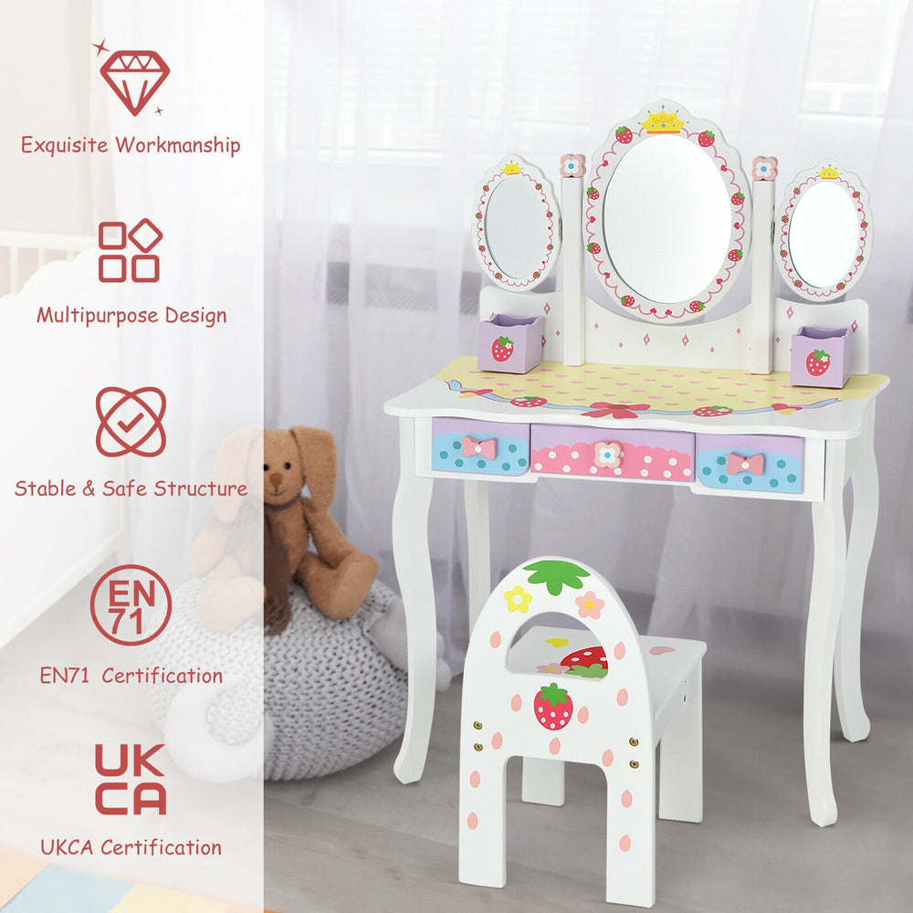Kids vanity dressing table set in white with tri-fold mirror, 3 drawers, and ergonomic chair for safe, stylish play.