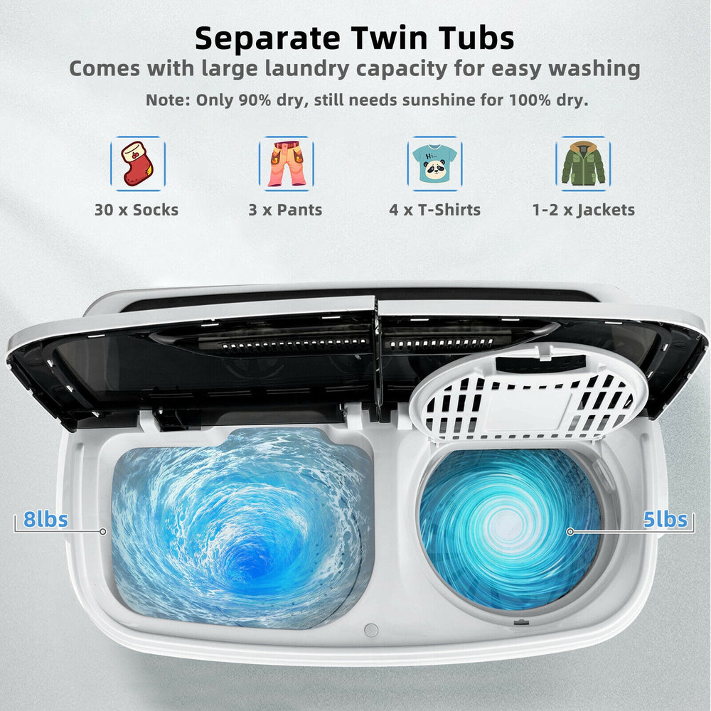Compact mini twin tub washing machine with separate wash and spin tubs, 8 lbs capacity, ideal for home and apartment.