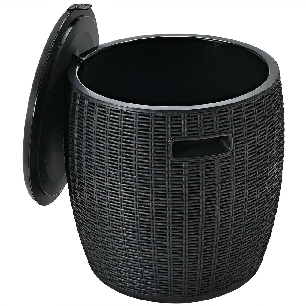 Black 9.5-gallon rattan cool bar with lid, serving as an ice bucket, side table, and storage box for outdoor gatherings.