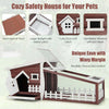 Wooden rabbit hutch with pull-out tray, featuring a slant roof, skylight, and iron wire for pet safety and comfort.