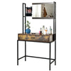 Industrial vanity table with adjustable mirror, spacious drawer, and storage bag in rustic brown and black finish.