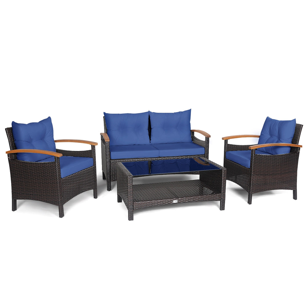 4 Pieces Patio Rattan Furniture Set with Cushioned Sofa and Storage Table-Navy - Gallery View 1 of 11