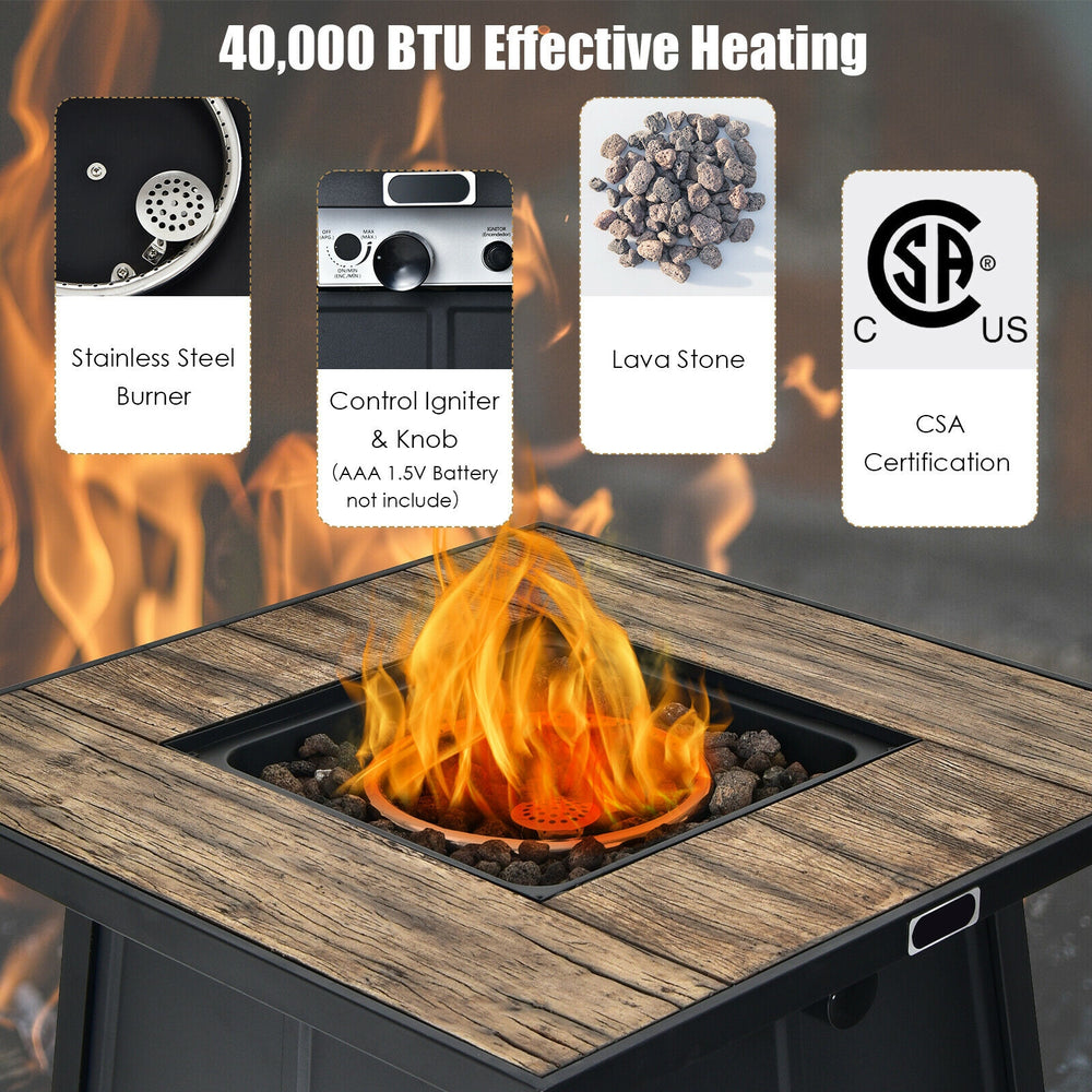28-inch propane gas fire pit table with stainless steel burner, 40,000 BTU heating, and lava stone for outdoor.