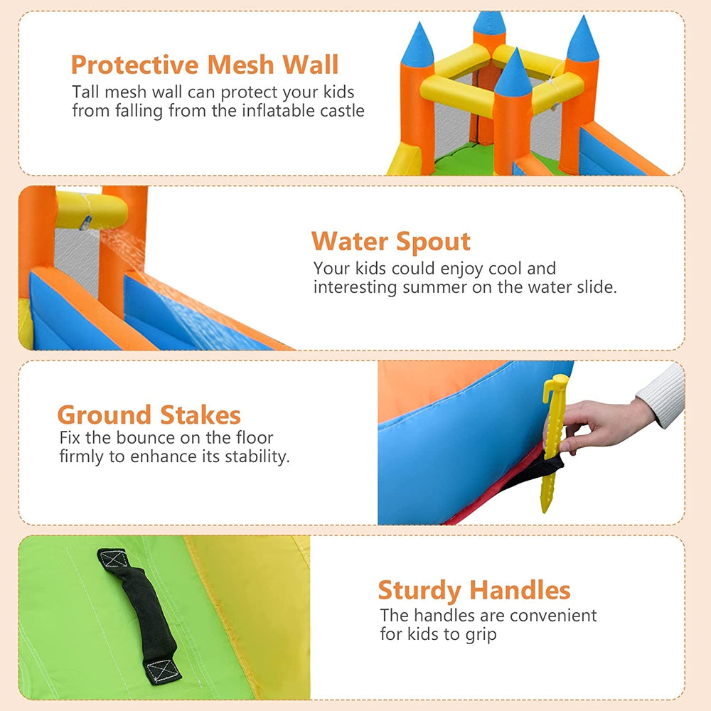 Kids inflatable water slide with protective mesh walls, made of durable Oxford material for safe outdoor fun.