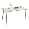 Rectangular glass dining table with wood grain imitation legs, ideal for home or office, featuring a clear tabletop.