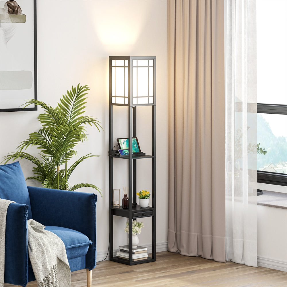 Modern floor lamp with shelves and drawer, featuring a white lampshade and USB ports, ideal for living room or bedroom.